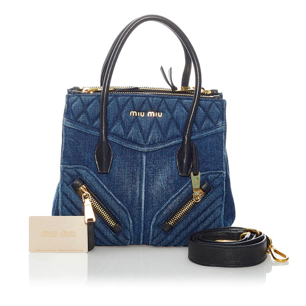 ミュウミュウ バイカー ハンドバッグ ショルダーバッグ 2WAY RN1032 ブルー デニム レザー レディース MIUMIU 【中古】