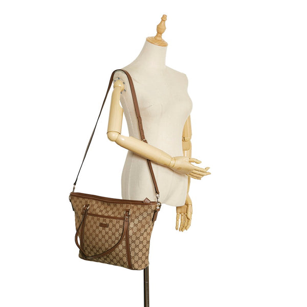 グッチ GGキャンバス トートバッグ ショルダーバッグ 2WAY 388929 ベージュ ブラウン キャンバス レザー レディース GUCCI 【中古】