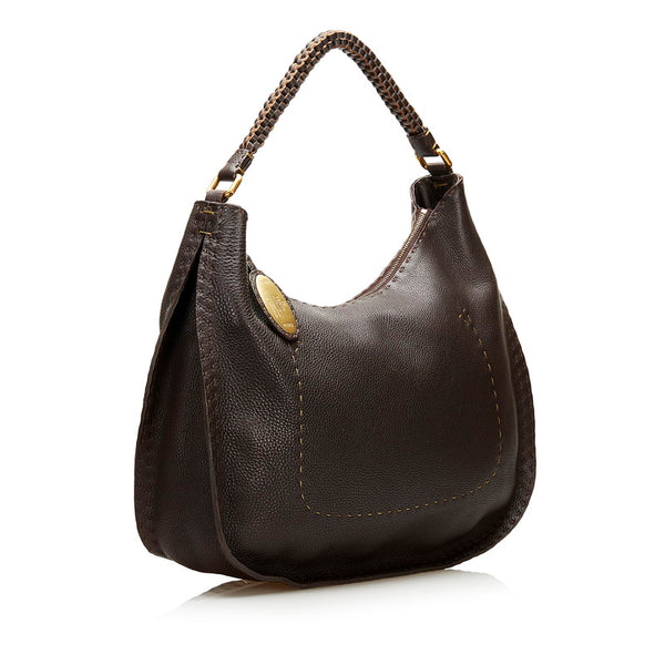 フェンディ セレリア 編み込みハンドル ショルダーバッグ 8BR582 ブラウン レザー レディース FENDI 【中古】