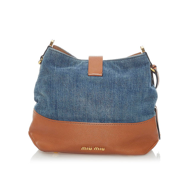 ミュウミュウ ハンドバッグ ショルダーバッグ 2WAY インディゴブルー ブラウン デニム レザー レディース MIUMIU 【中古】