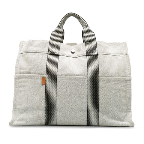 エルメス ニューフールトゥMM ハンドバッグ トートバッグ ホワイト ブラック トワルアッシュ レディース HERMES 【中古】