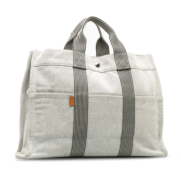 エルメス ニューフールトゥMM ハンドバッグ トートバッグ ホワイト ブラック トワルアッシュ レディース HERMES 【中古】