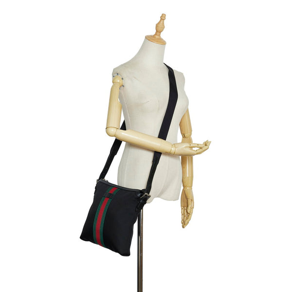 グッチ シェリーライン 斜め掛け ショルダーバッグ 387111 ブラック キャンバス レザー レディース GUCCI 【中古】