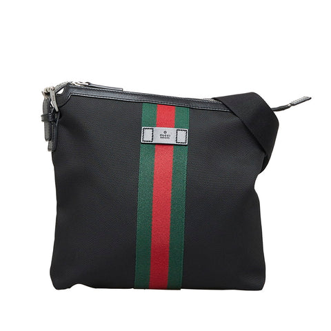 グッチ シェリーライン 斜め掛け ショルダーバッグ 387111 ブラック キャンバス レザー レディース GUCCI 【中古】
