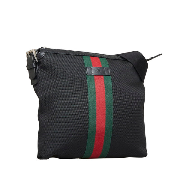 グッチ シェリーライン 斜め掛け ショルダーバッグ 387111 ブラック キャンバス レザー レディース GUCCI 【中古】