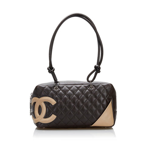 シャネル カンボン ボーリング ハンドバッグ ショルダーバッグ ダークブラウン ベージュ レザー レディース CHANEL 【中古】