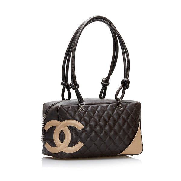 シャネル カンボン ボーリング ハンドバッグ ショルダーバッグ ダークブラウン ベージュ レザー レディース CHANEL 【中古】