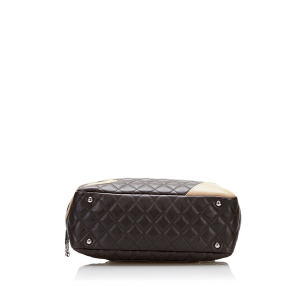 シャネル カンボン ボーリング ハンドバッグ ショルダーバッグ ダークブラウン ベージュ レザー レディース CHANEL 【中古】