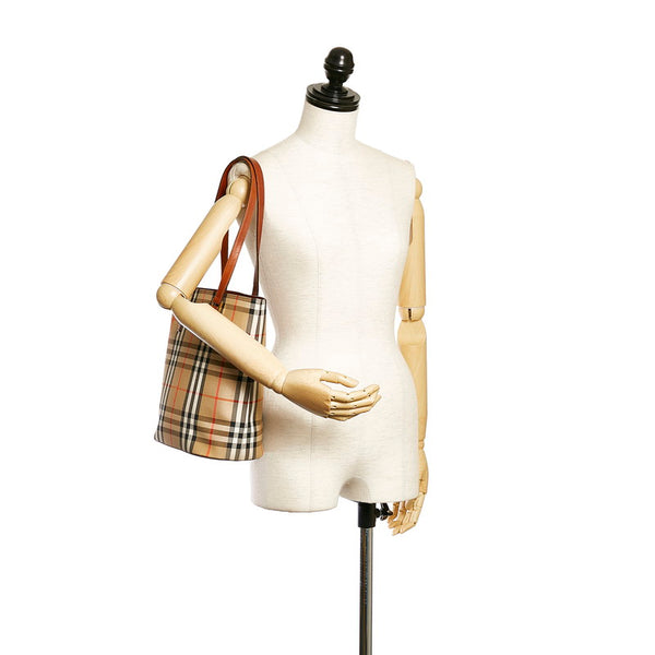 バーバリー ノバチェック シャドーホース トートバッグ ベージュ ブラック キャンバス レザー レディース BURBERRY 【中古】