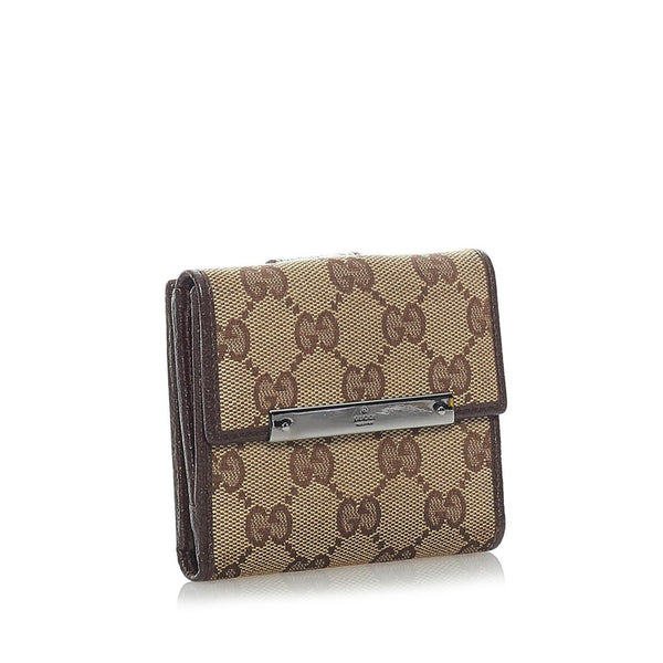 グッチ GGキャンバス 二つ折り財布 112716 ベージュ ブラウン キャンバス レザー レディース GUCCI 【中古】
