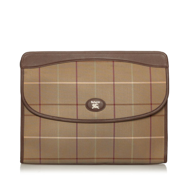 バーバリー チェック ドキュメントケース クラッチバッグ カーキ ブラウン キャンバス レザー メンズ BURBERRY 【中古】