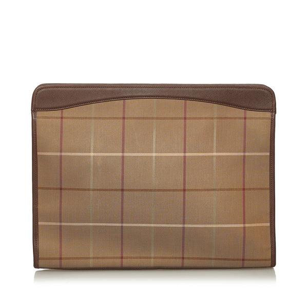 バーバリー チェック ドキュメントケース クラッチバッグ カーキ ブラウン キャンバス レザー メンズ BURBERRY 【中古】