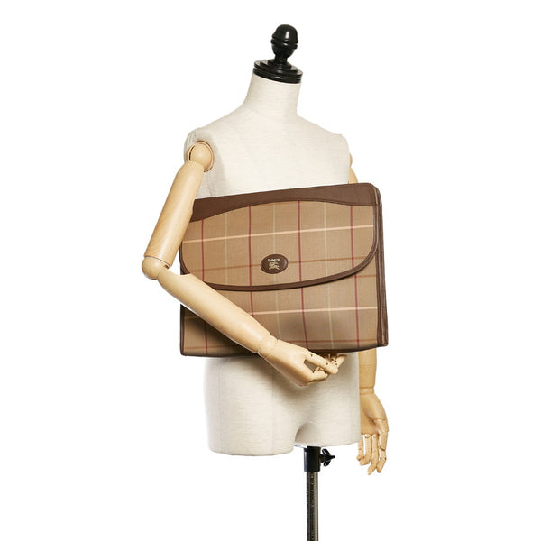 バーバリー チェック ドキュメントケース クラッチバッグ カーキ ブラウン キャンバス レザー メンズ BURBERRY 【中古】